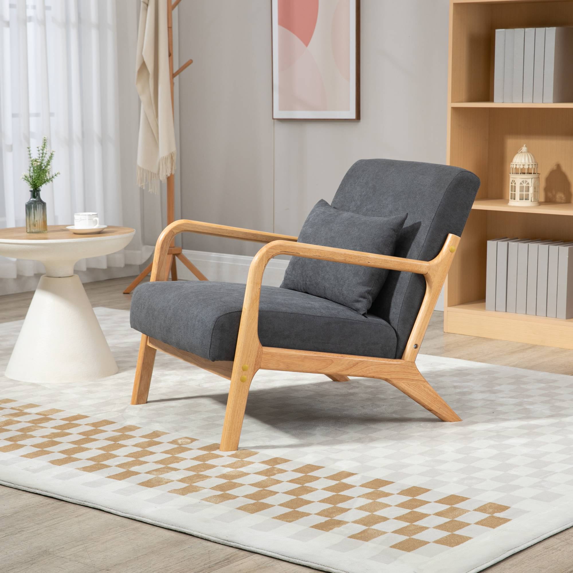 Mid-Century Modern Accent Chair with Pillow Velvet Lounge Arm Chair Comfy Reading Chair with Solid Wood Frame for Living Room, Bedroom, Dark Grey
