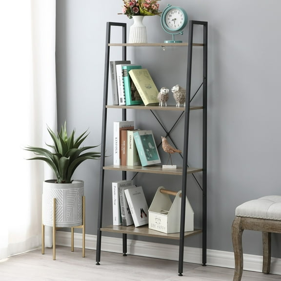 LuxenHome 4-Shelf 58.3" x 23.62" W Wood and Metal Ladder Bookcase