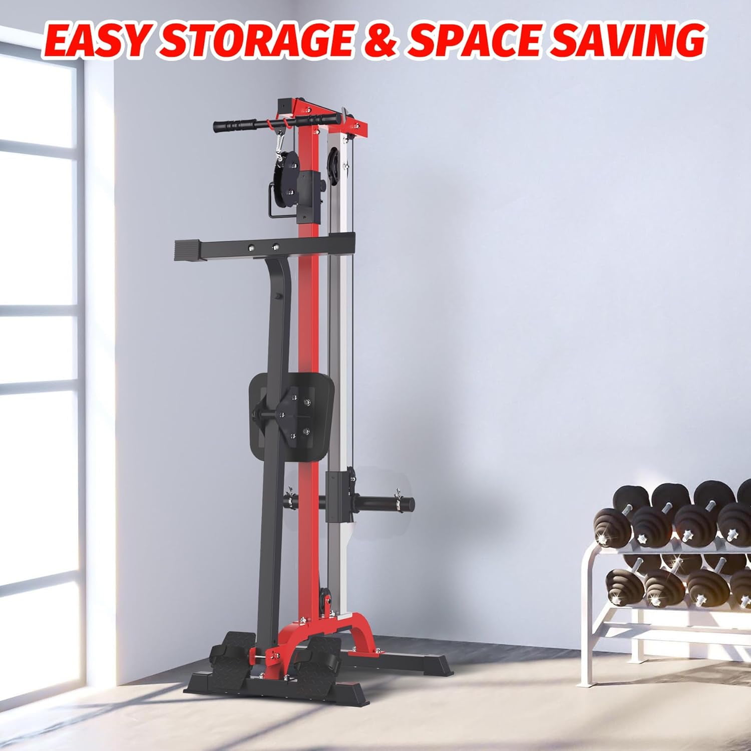 GARVEE 2 in 1 Cable Crossover Machine & Lat Pull Down Machine with Adjustable Weight and Seat,Multi-Function Compact Rowing Machines for Home Gym,Black&Red
