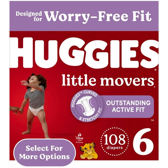 Huggies Little Movers Baby Diapers, Size 6 (35 lbs), 108 Count (Select for More)