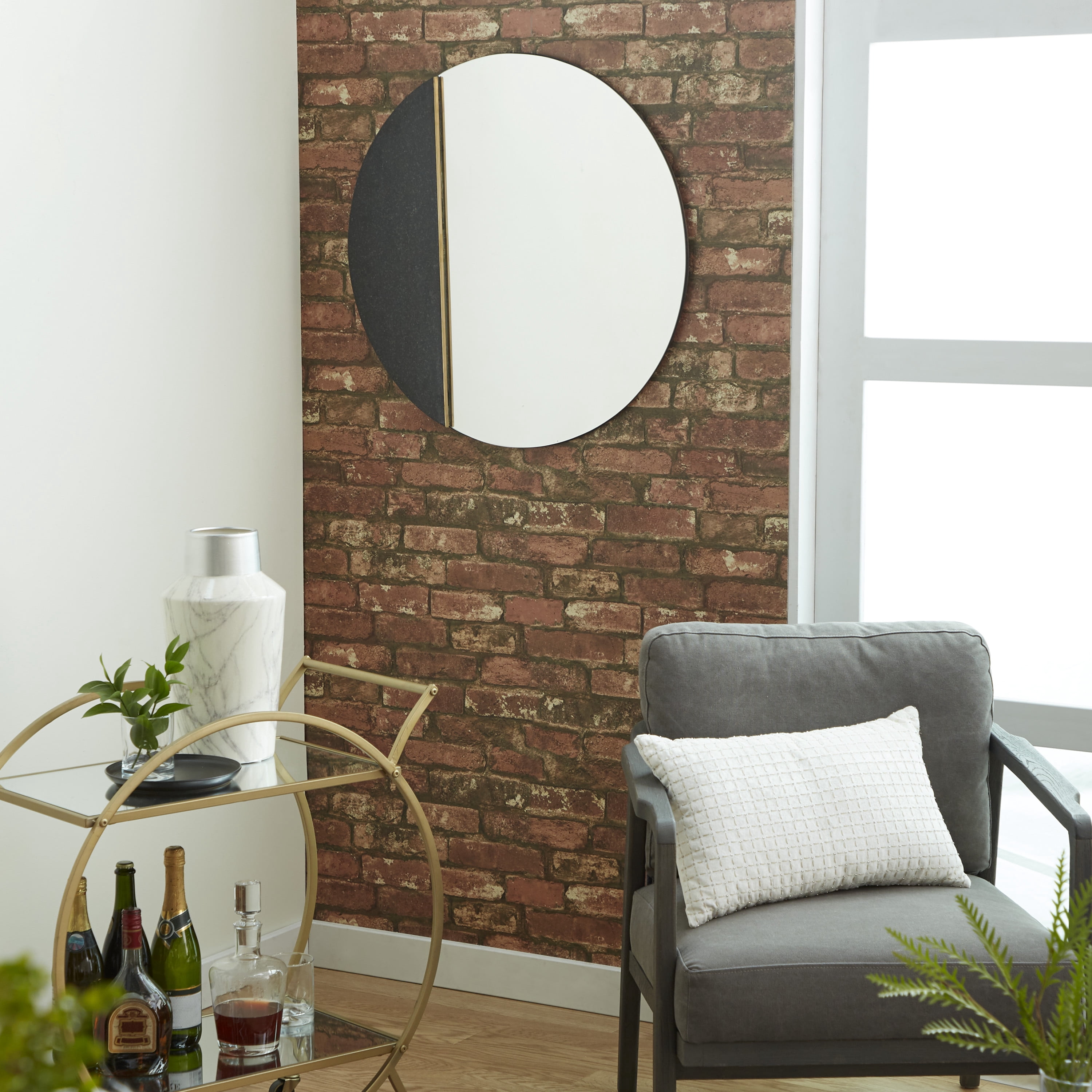 DecMode 28" x 28" Black Wall Mirror with Marble Accent