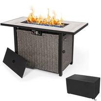 OuterMust 42” Outdoor Propane Fire Pit Table with Cover,50,000 BTU Gas Hand-Woven Rattan Fire Pit with Lid & Blue Glass Bead for Patio Deck Garden