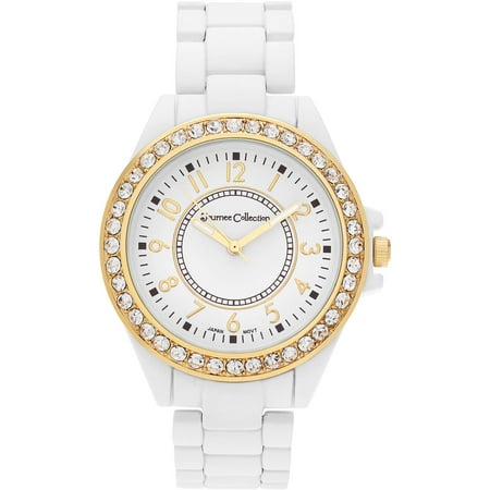 Journee Collection Women's Rhinestone Matte Round Case Link Bracelet Fashion Watch, White/Gold