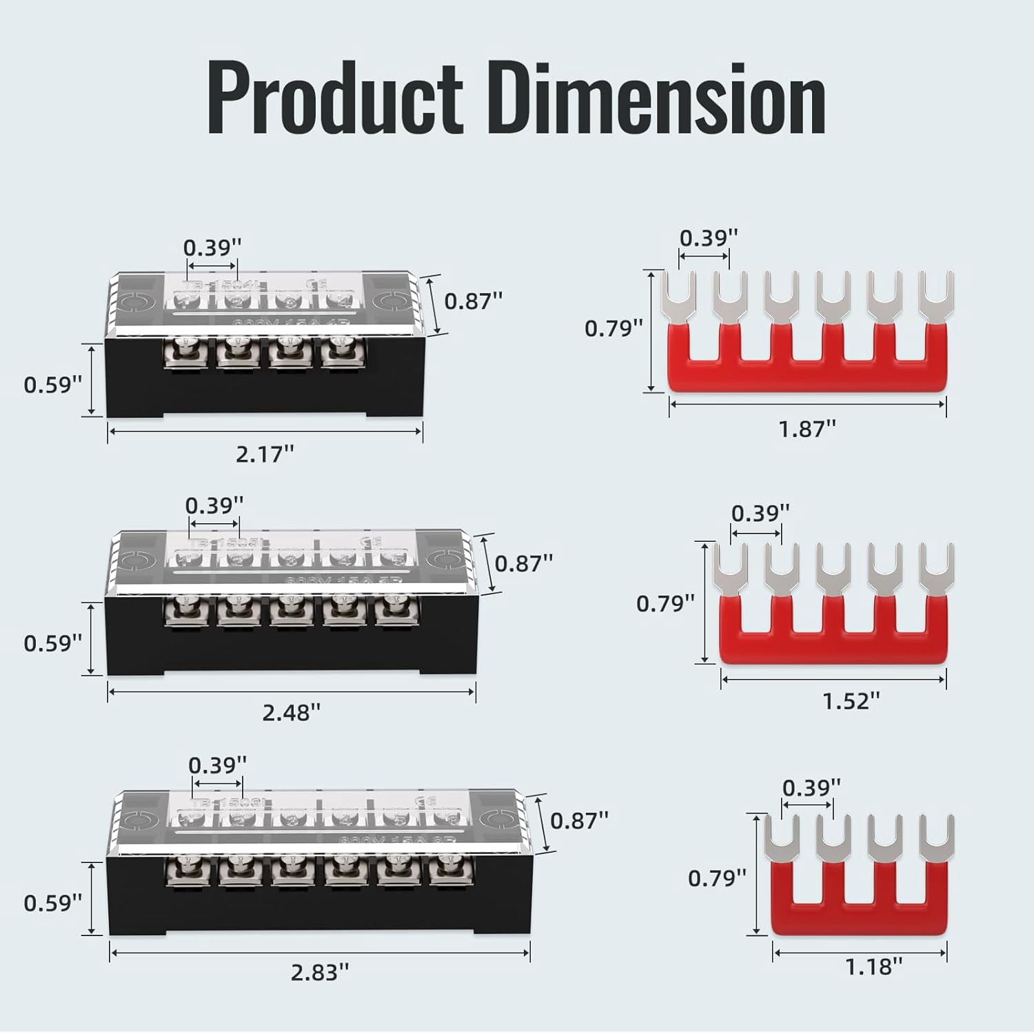 15 screw terminal blocks, 4/5/6 positions double row covered, 400 pre-insulated terminal isolation bars (6 sets of 154/5/6 + 6 sets of connecting bars)