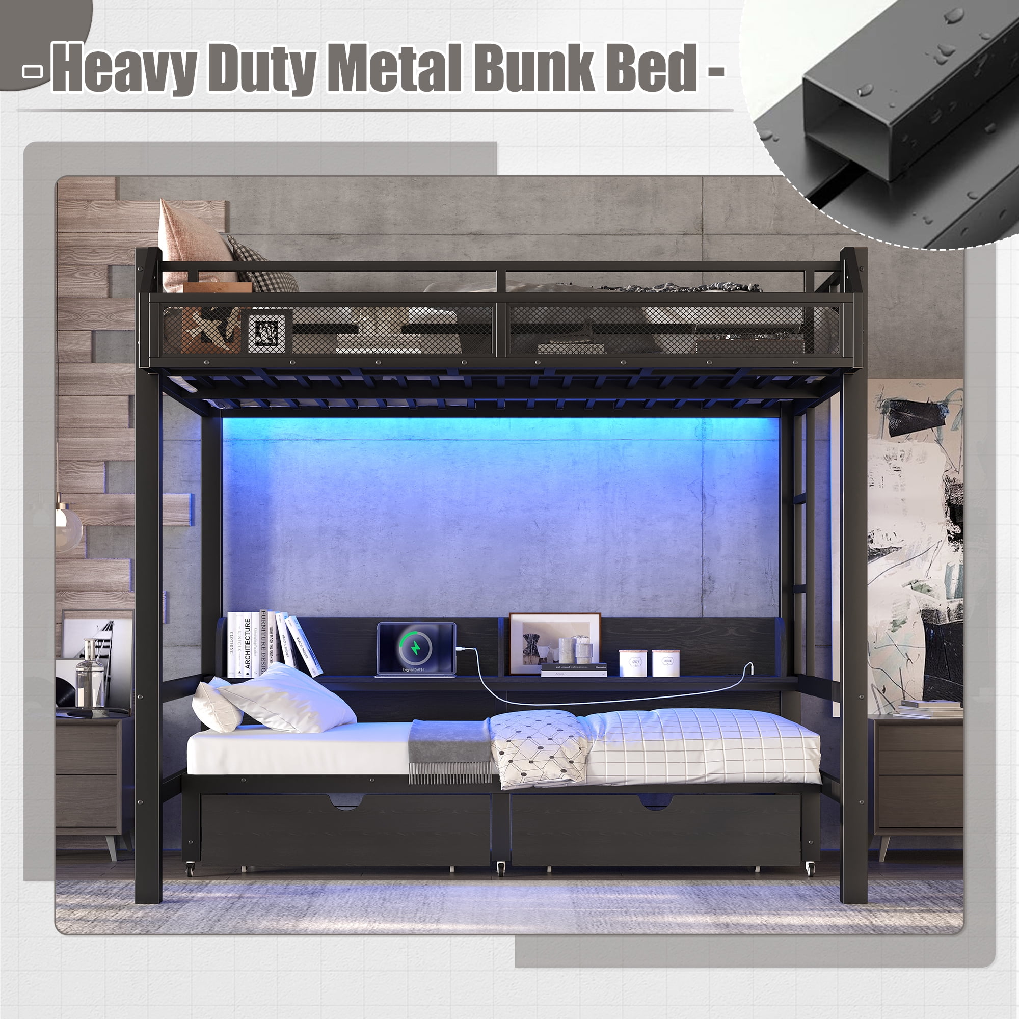 Full over Full Size Bunk Bed with 2 Drawers and Storage Shelves, Multifunctional Metal Bunk Bed Frame with LED Lights and USB Ports, Lower Bed that can be converted into a sofa