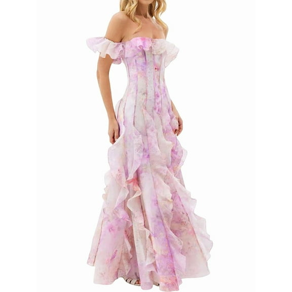 Womens Maxi Dresses Summer Off Shoulder Floral Dress Ruffle Beach Flowy Boho Wedding Guest Dress Pink S