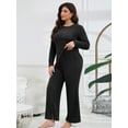 thumbnail image 5 of ValueVibe Plus Size Pajama Sets for Women 2 Piece Long Sleeve Loungewear Sets Crew Neck Loungewear with Chest Pocket, Black 4XL, 5 of 8