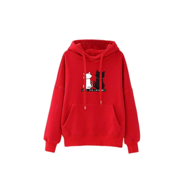 Tops elásticos con capucha y estampado de gato Hugo Sudadera con capucha de mujer Rojo XXL