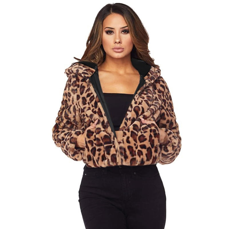 Anself - Women Hooded Faux Fur Coat Leopard Print Long Sleeves Side ...