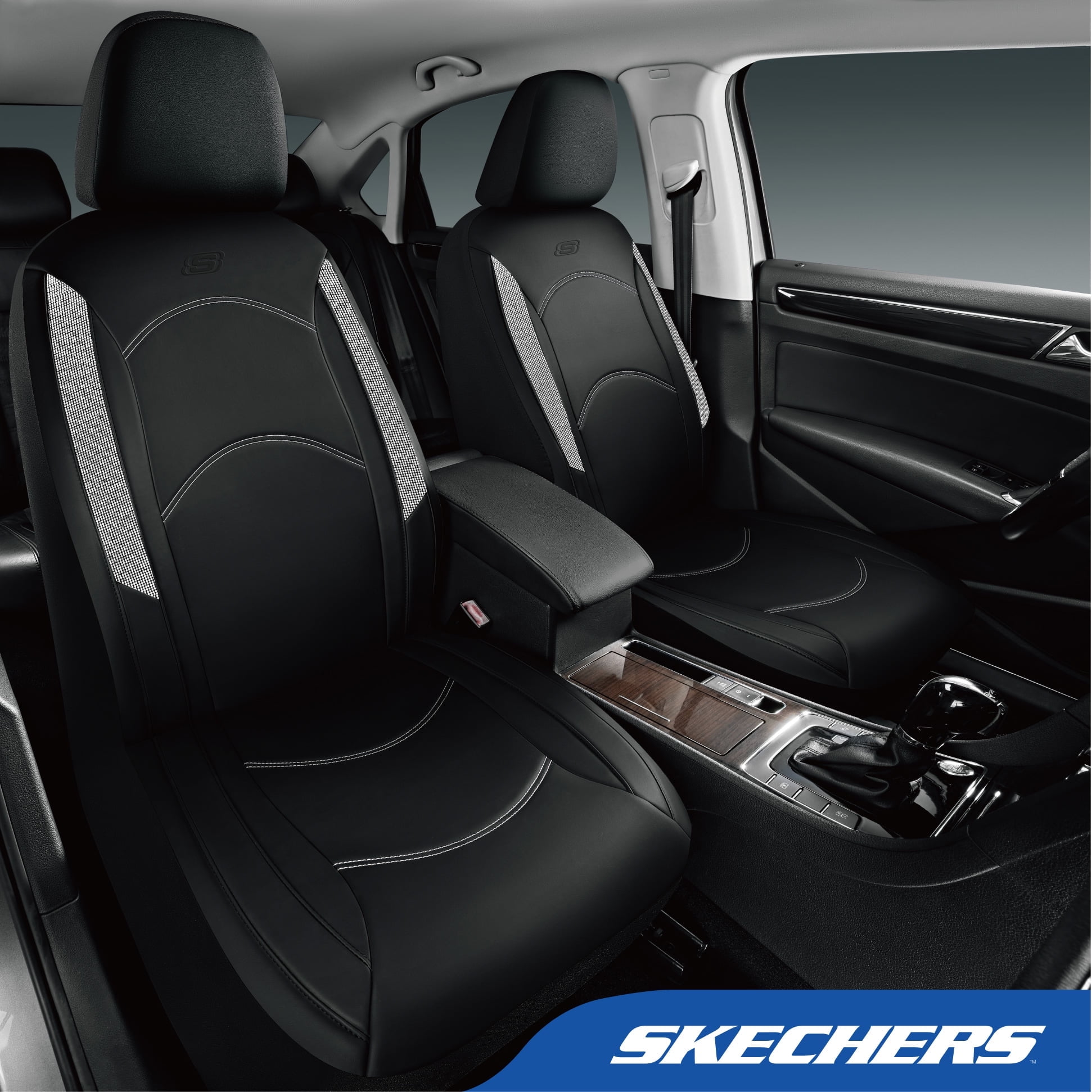 Skechers Leather Front Car Seat Cover – Stylish Diamond Design, Universal Fit - Sliver