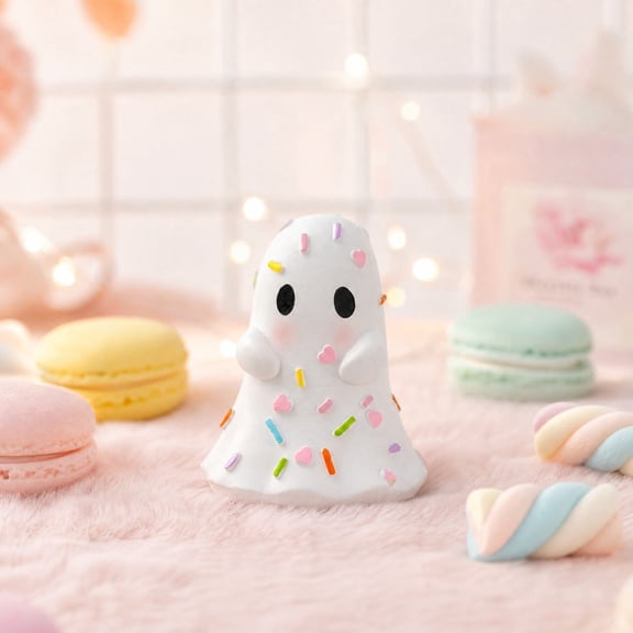 Cute Ghost Figurines, Adorable Ghost Resin Halloween Decor Indoor with Candy Sprinkles, Playful White Ghost Statue for Mantel Tabletop Shelf Home Office Halloween Party Decoration