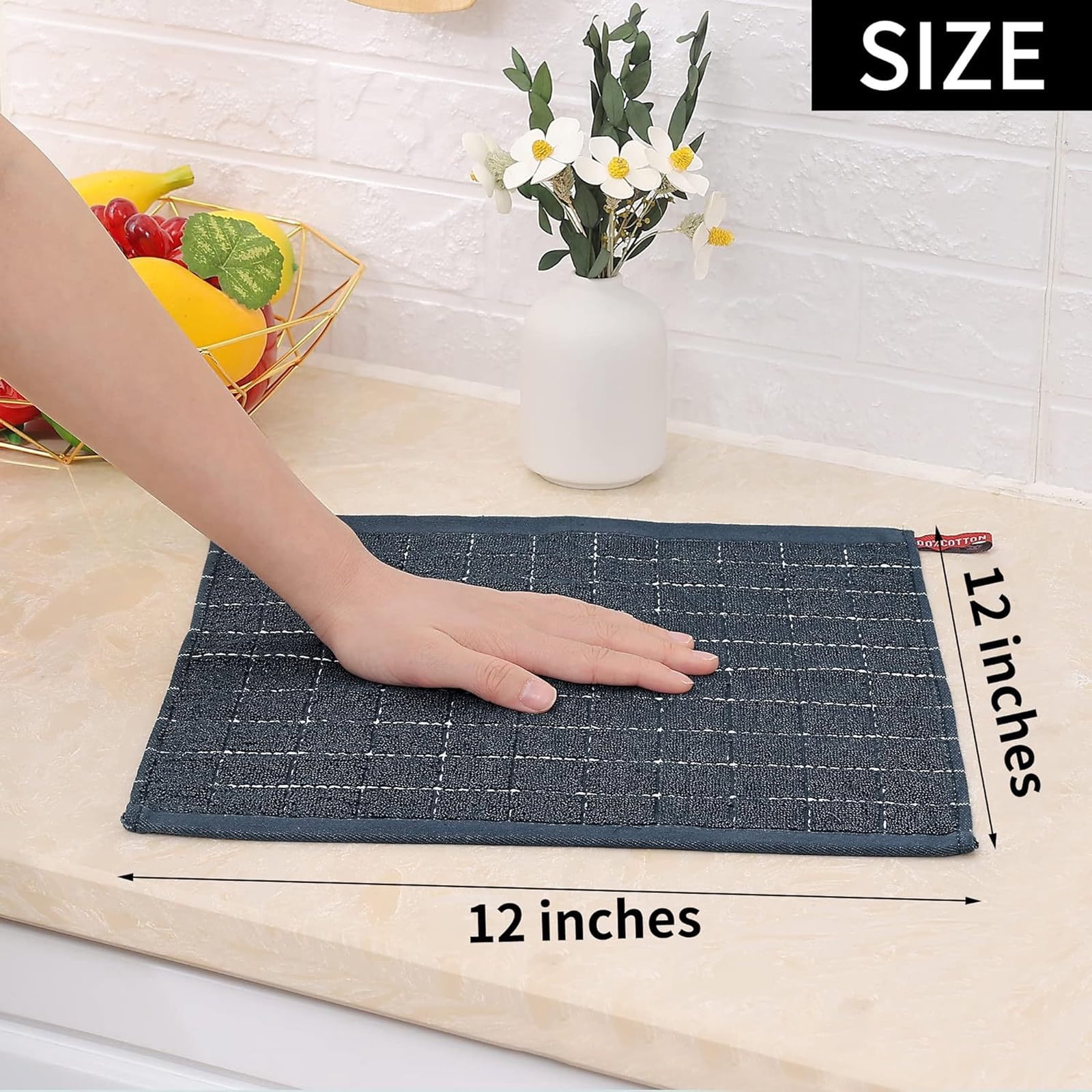 Cotton Terry Kitchen Towels(12*12inches), Checkered Designed, Soft and Super Absorbent Dish Towels, 4 Pack - Dark grey