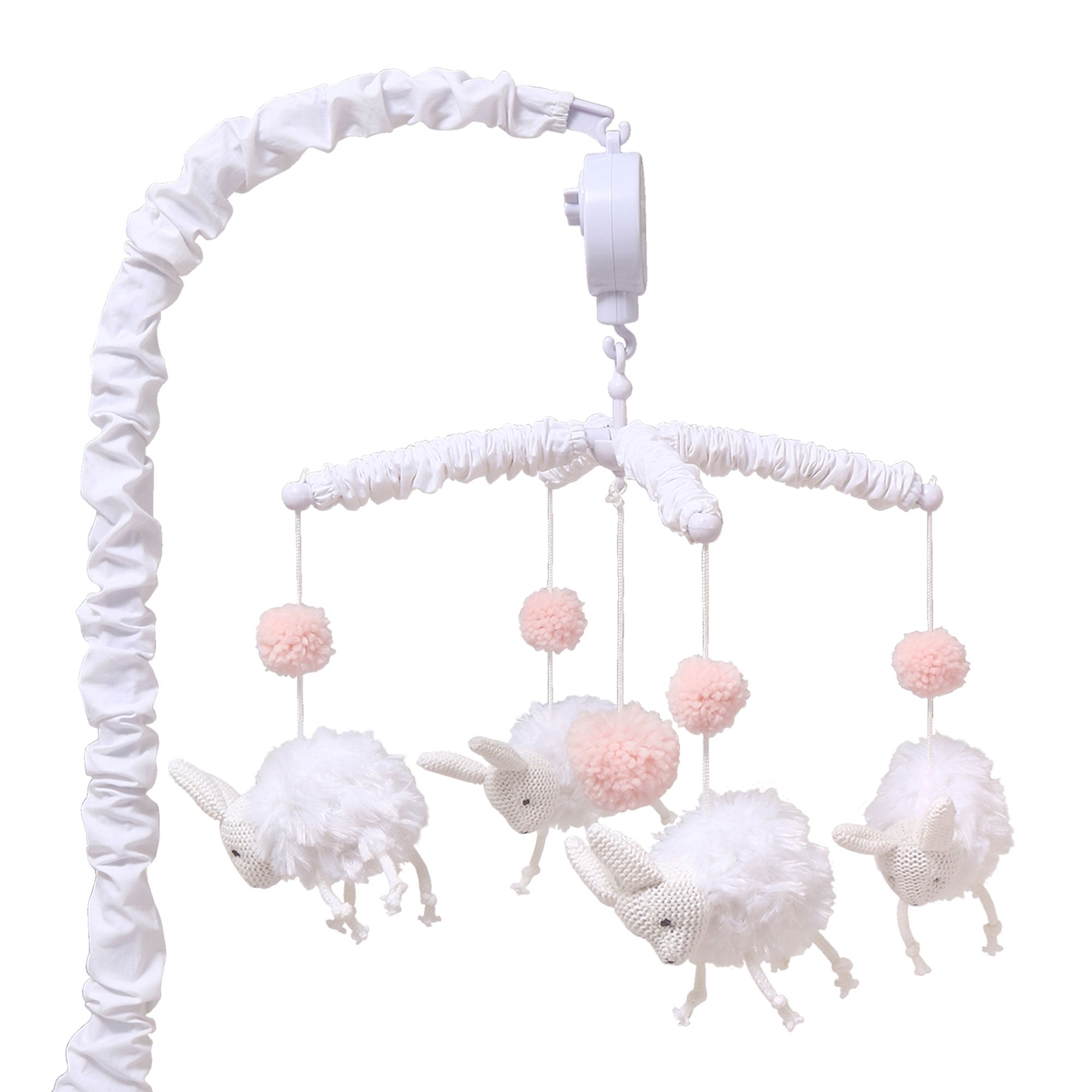 White Bunny And Pink Pom Poms Digital Musical Crib Mobile