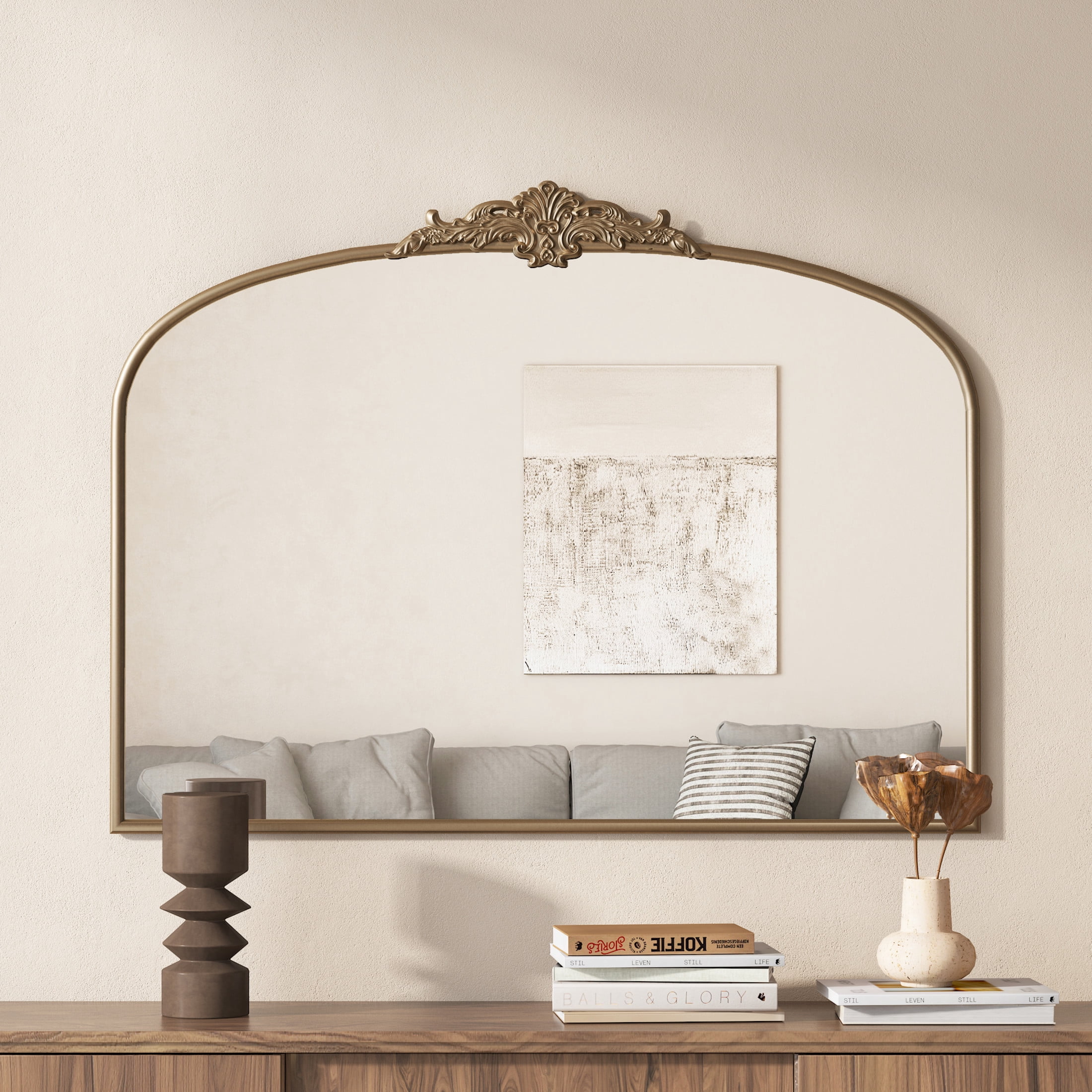 Noble House 40" Arched Vintage Baroque Wall Mirror with Metal Frame, Traditional Ornate for Entryway, Antique Gold