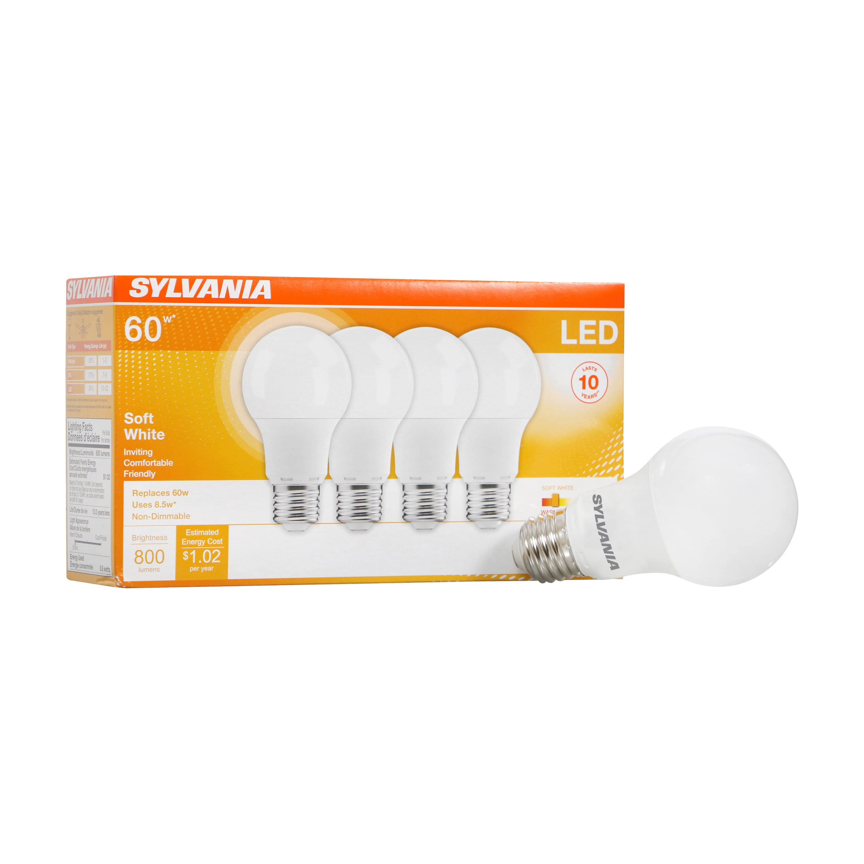 SYLVANIA LED A19 Light Bulb, 60W Equivalent, Medium Base, 2700K Soft ...