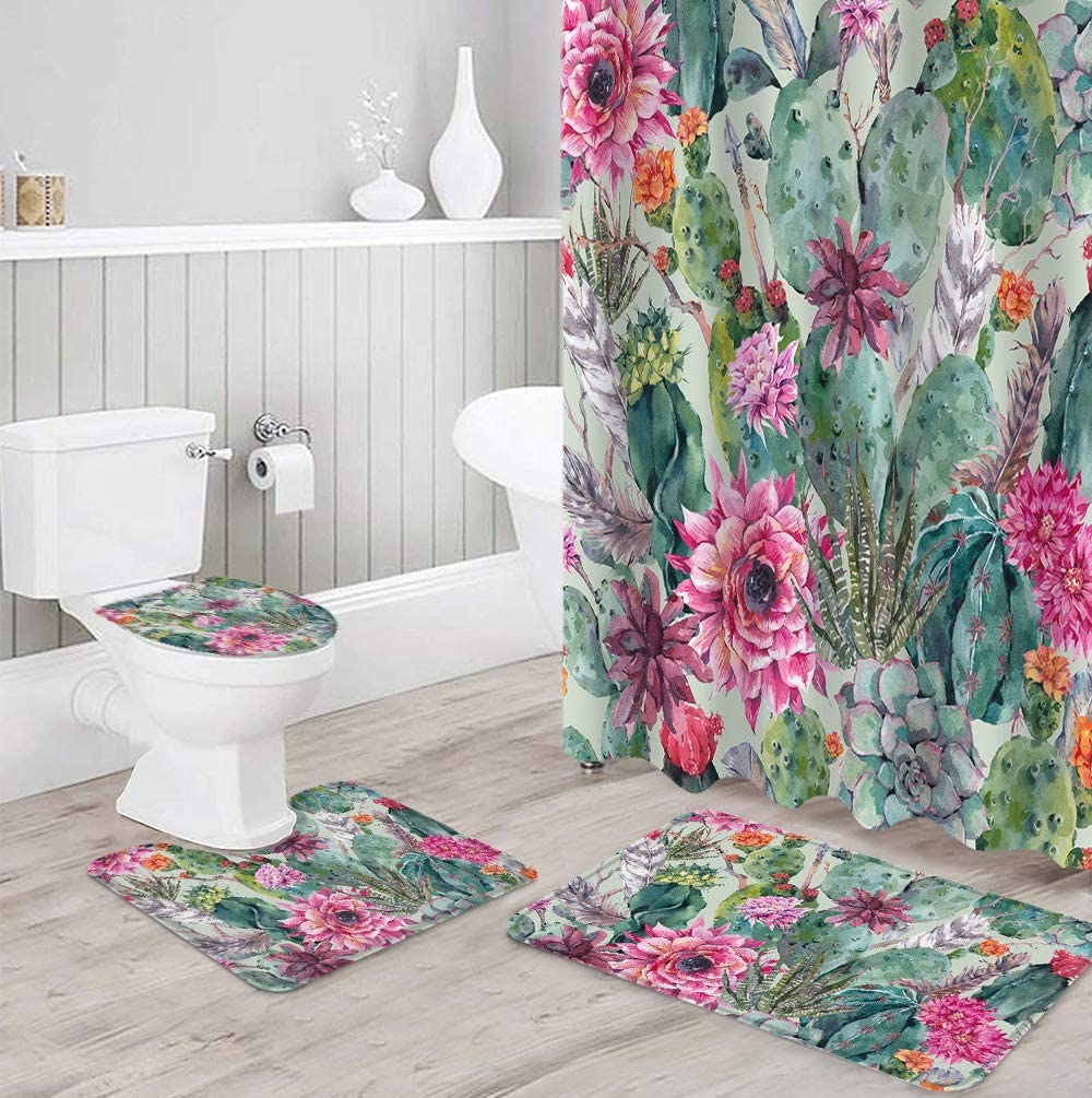 ZHANZZK Boho Style 4 Piece Bathroom Set Shower Curtain Bath Rug Contour ...