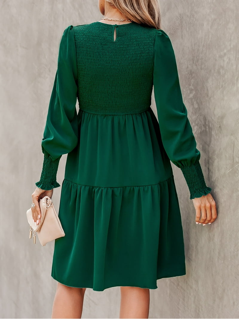 CUPSHE Women's Round Neck Emerald Green Smocked Long Sleeve Mini Dress  Ruffled Hem Casual A Line Short Dress
