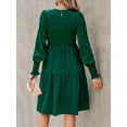 thumbnail image 3 of CUPSHE Women's Round Neck Emerald Green Smocked Long Sleeve Mini Dress Ruffled Hem Casual A Line Short Dress, 3 of 9