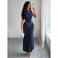 thumbnail image 5 of Navy Blue Semi-High Neck Sleeveless Knitted Pleated Maxi Dress With Pearl Embellishment, Elegant Evening Gown, 5 of 8