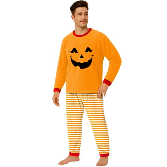 Family Halloween Matching Pajama Set, Soft-Touch Snuggle Comfort Frosty Storytime Essential 2-Piece Pullover Top Pants for Men Women Kids Baby, Round Collar Elastic Waist - Dad, Orange XXL