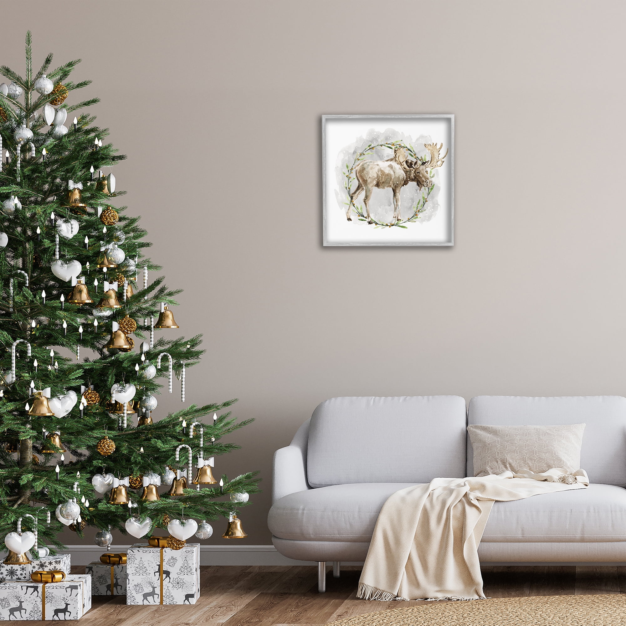 Stupell Industries Rustic Moose with Wreath Animals & Insects Painting Gray Framed Art Prints Wall Art, 24 x 24
