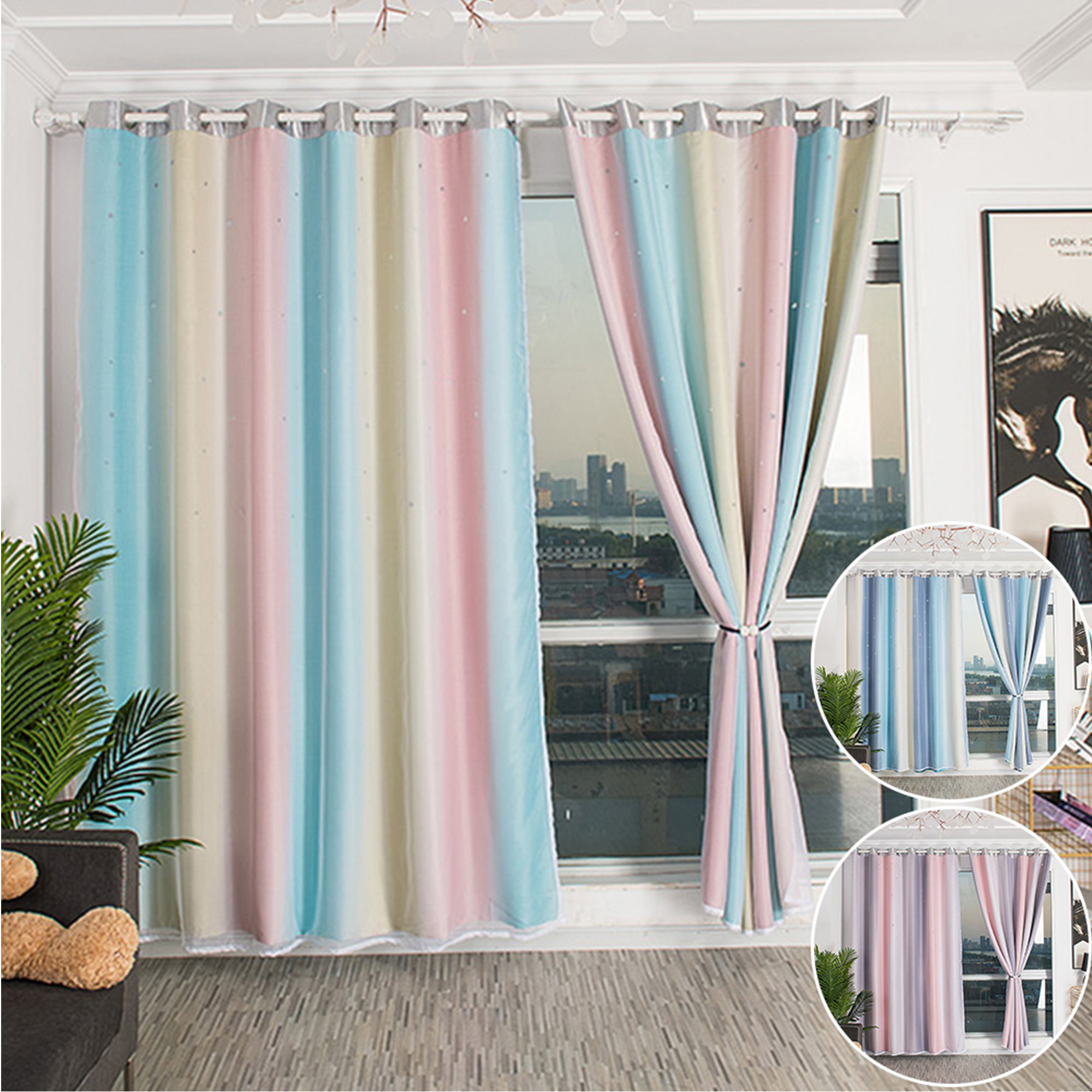 2 Layer Stars Window Curtain Blackout & Tulle Drapes Living Room Bedroom Decor 