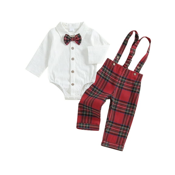 Suealasg Christmas Newborn Baby Boy Gentleman Outfit Long Sleeve Lapel Neck Romper Plaid Suspender Pants Bow Tie 0 6 9 12 18 Months Infant Boys Fall Winter 3Pcs Clothes Set