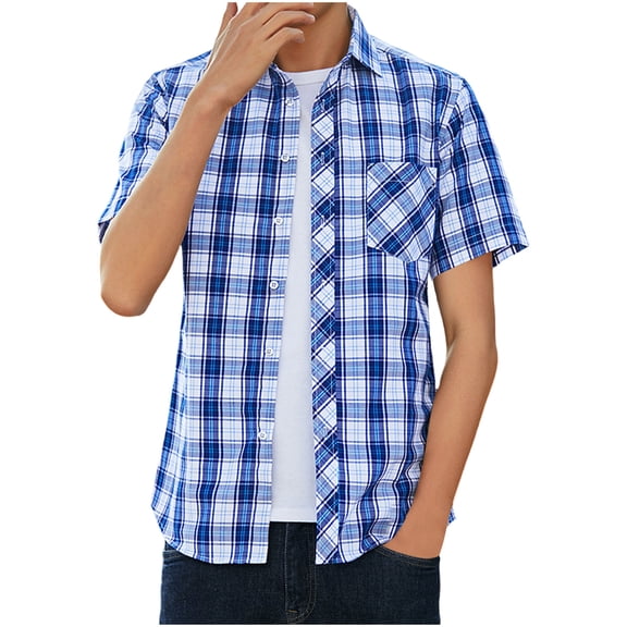 Afuyipoi Men's Button Down Shirts, Short Sleeve Plaid Shirts Casual Business Blouse Tops Blue