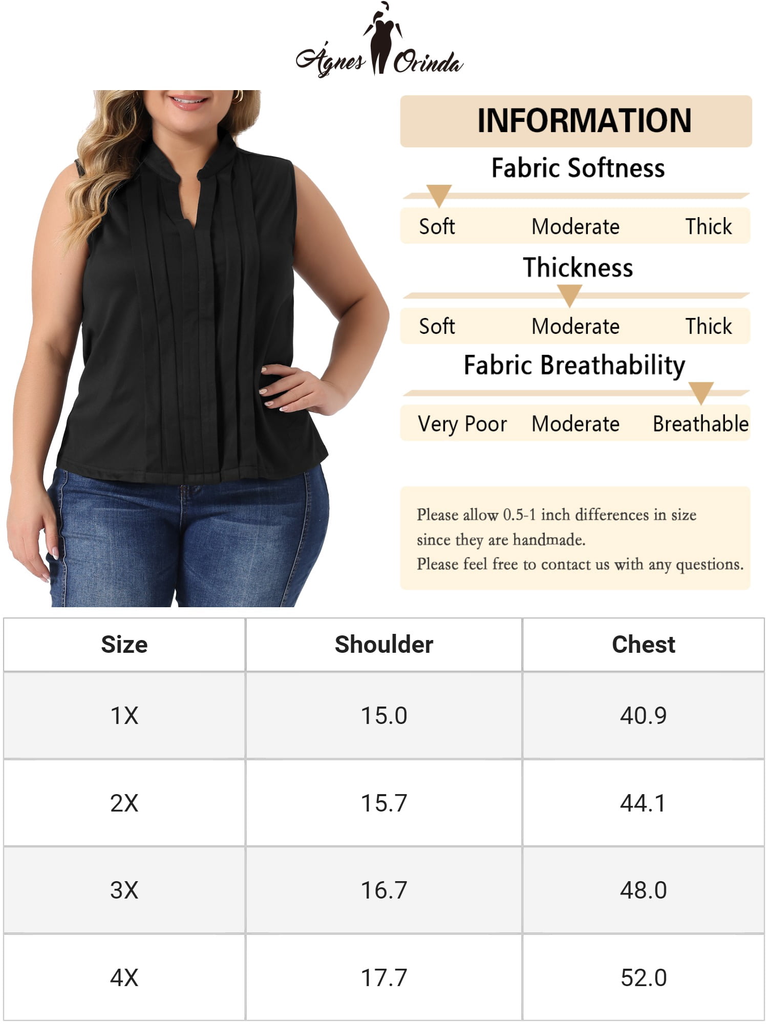 Unique Bargains Women's Plus Size Tops V Neck Sleeveless Work Shirts Blouses 1X Black
