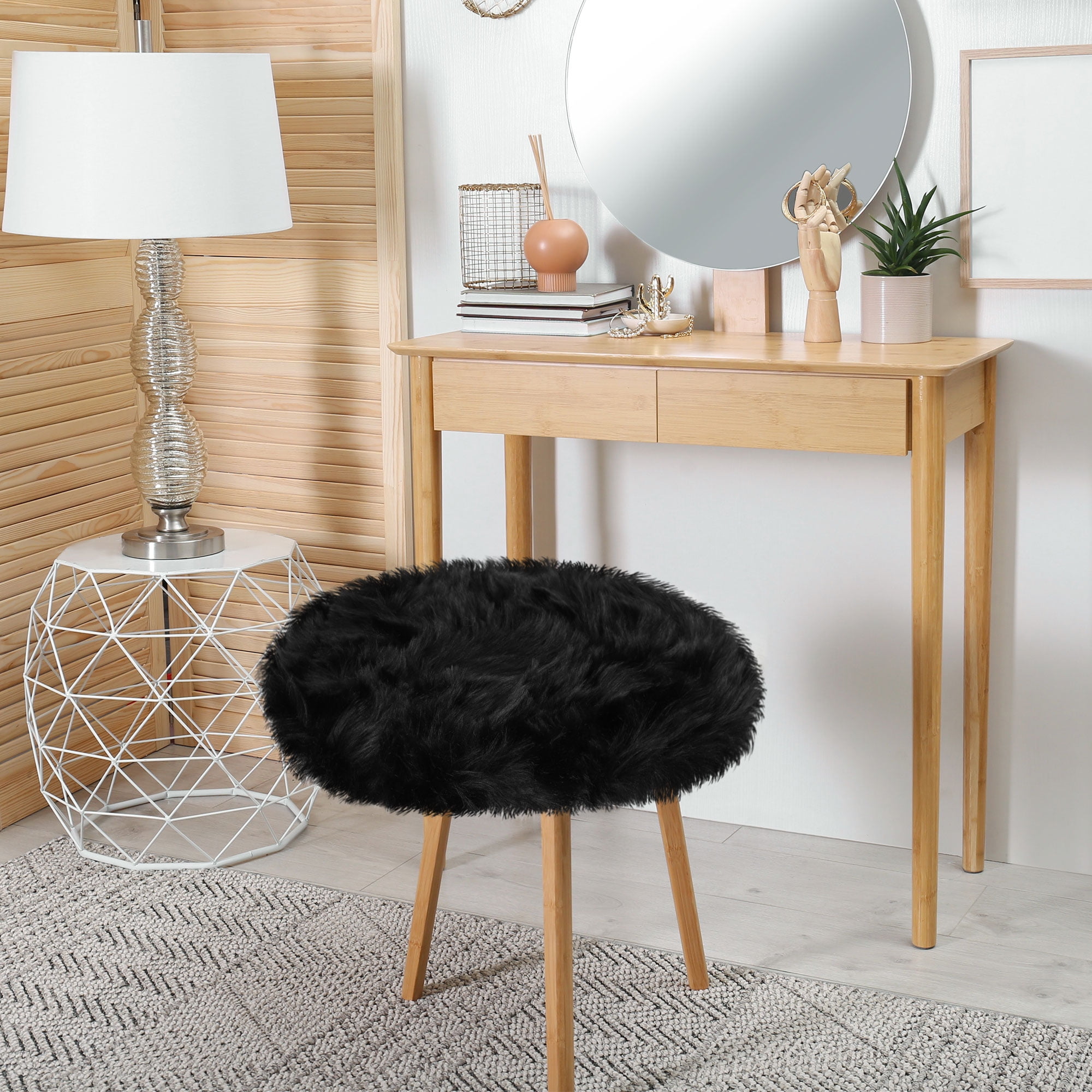 Unique Bargains Artificial Animal Wool Soft Faux Fur Sheepskin Plush Area Rug Black 2x2 Feet Round