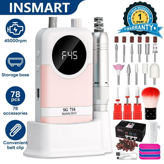 INSMART Cordless Nail Drill, Professional 45000RPM Electric Nail File Kit with LCD Display, Charging Base & 78 Accessories
