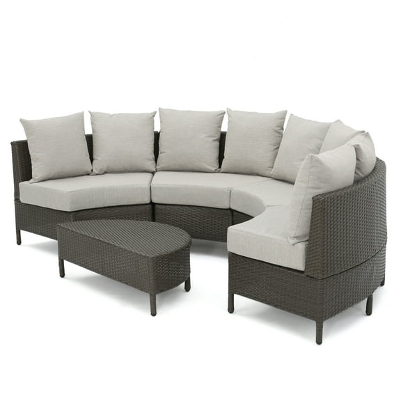 Alacati Outdoor 5 Piece Wicker Sofa Set with Grey Water Resistant Fabric Cushions, Light Brown