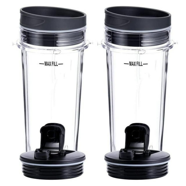 2 Pcs 16 OZ Cup with Four Lids,Blender Replacement Parts Accessories for Ninja BL660 BL770 BL740/QB3000/BL810 Blender,2 x 16OZ juice cup 2 x Flat cover 2 x Mouth cover,black & transparent