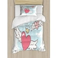 thumbnail image 1 of Angel Wings Duvet Cover Set Twin Size, Lovers Hearts Flying above Sky Clouds with Crown Big Romance Cartoon, 2 Piece Bedding Set with 1 Pillow Sham, Baby Blue Pink White, by Ambesonne, 1 of 3