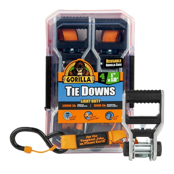 Gorilla 4 Pk 1" X 12' Ratchet Strap W/ Black Grip Aluminum Handle W/ Cap Locks (Orange Webbing)