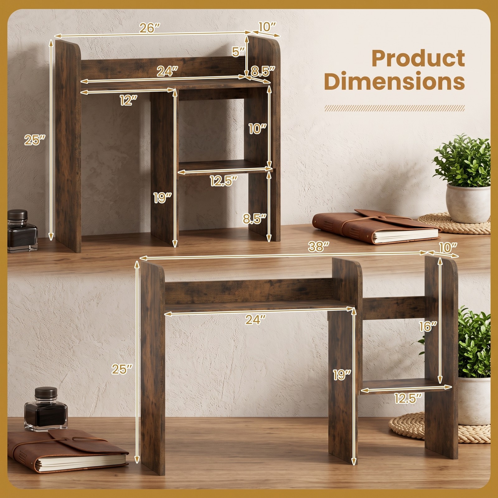 Furnibear Expandable Desk Bookshelf with Open Cubes, Desktop Display Rack Organizer for Monitor Riser Stand, Wood Small Bookcase Shelf for Home Office, Rustic Brown