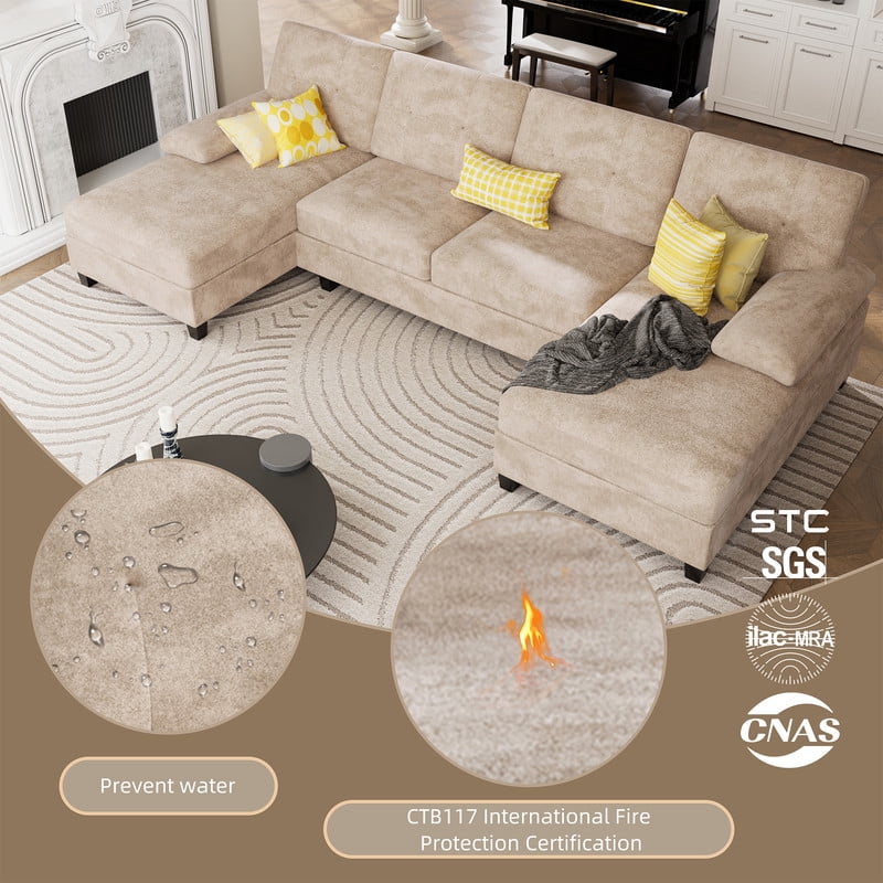 Walsunny Modern U-Shaped Sectional Sleeper Sofa with 4 Deep Seat, Modular Cloud Oversized Sofa Couch with Chenille Fabric & Double Chaise for Apartment, Khaki