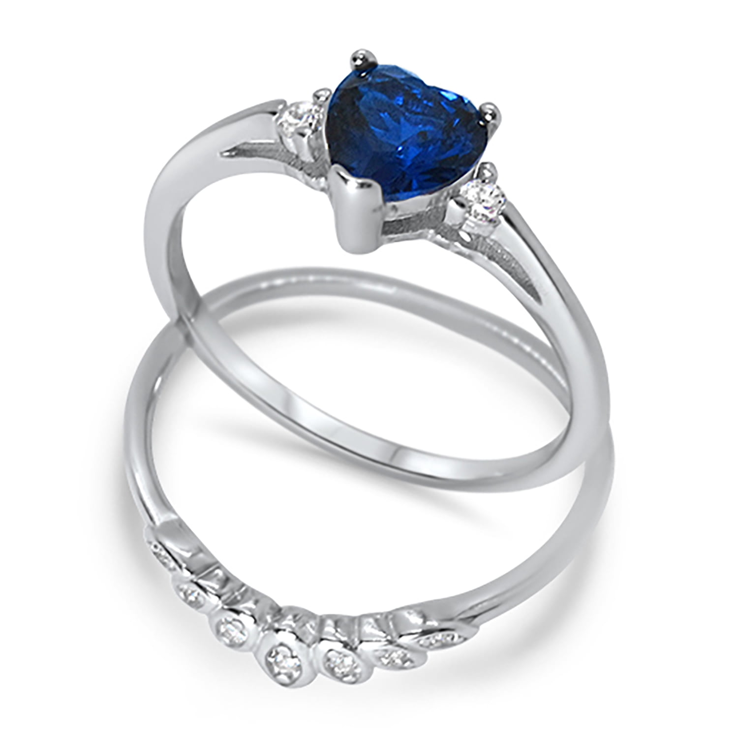 Sterling Silver Blue Sapphire Heart Shape CZ Wedding Engagement Ring Set for Women Size 8