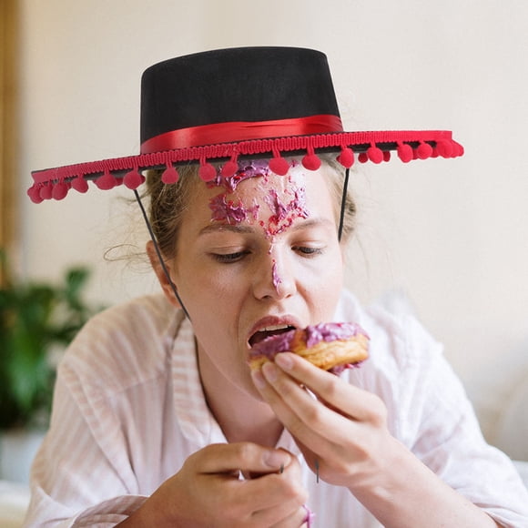Minkissy 2Pcs Large Mexican Sombrero Party Hats with Red Hair Ball Trim and Lightweight Comfortable Fit