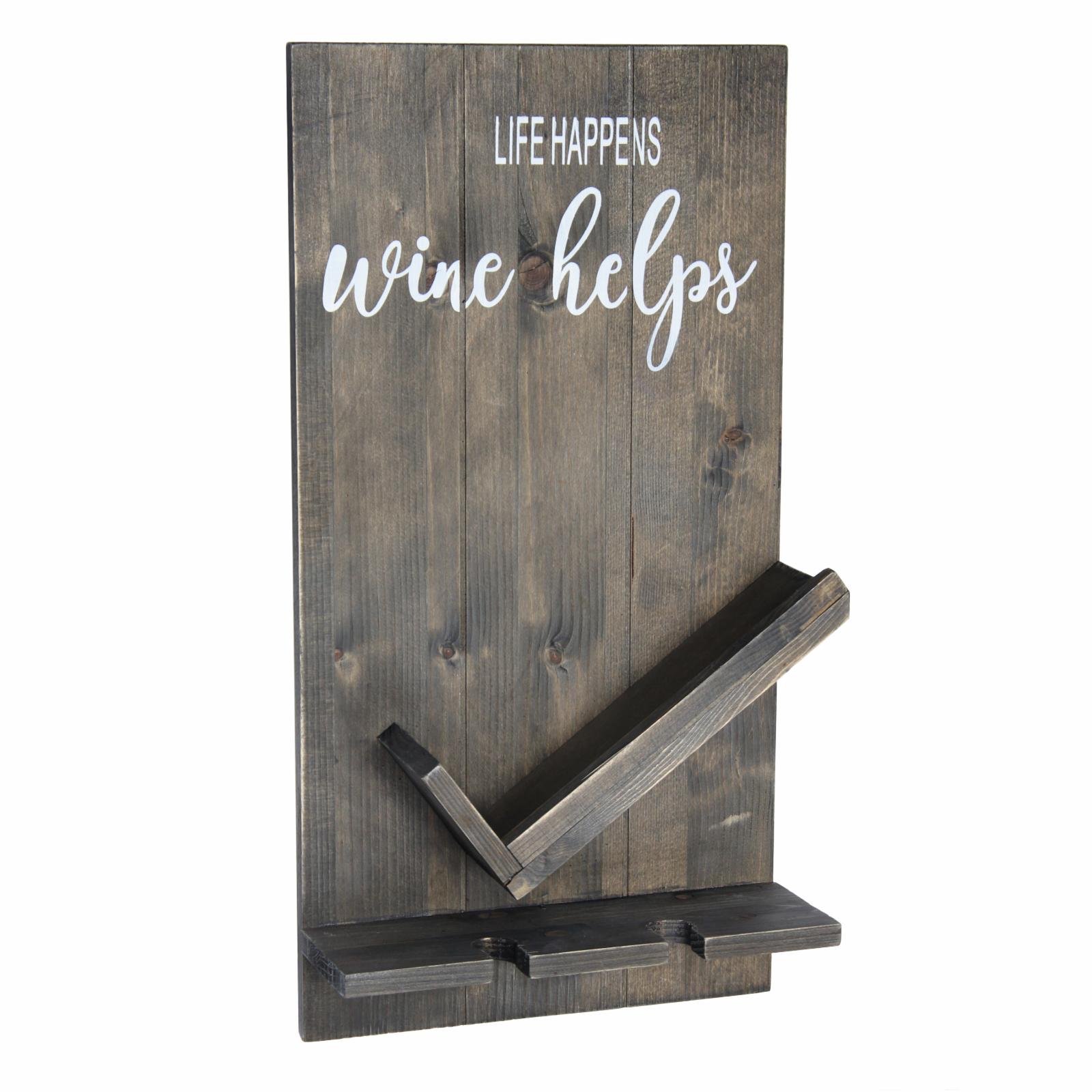 Elegant Designs 20" Lucca Wooden Wall Mounted Wine Bottle & Glass Shelf, "Life Happens Wine Helps", Restored Wood