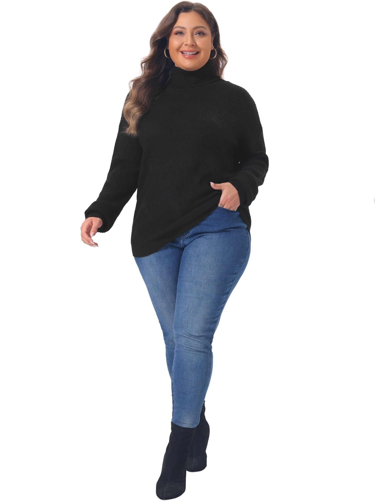 DARING DIVA Women's Plus Turtleneck Long Sleeve Chunky Pullover 2X Black