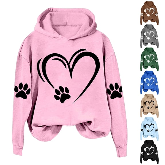 LOVZFMLL Sweatshirt for Women Heart Print Long Sleeve Loose Fit Cute Fall Clothes 2025 Women Fashion Hooded Pullover Comfort