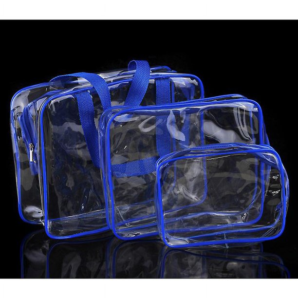 Bolsa de cosméticos transparente de 3 piezas, bolsa de cosméticos de viaje de plástico impermeable, bolsa de viaje de PVC transparente impermeable (azul)