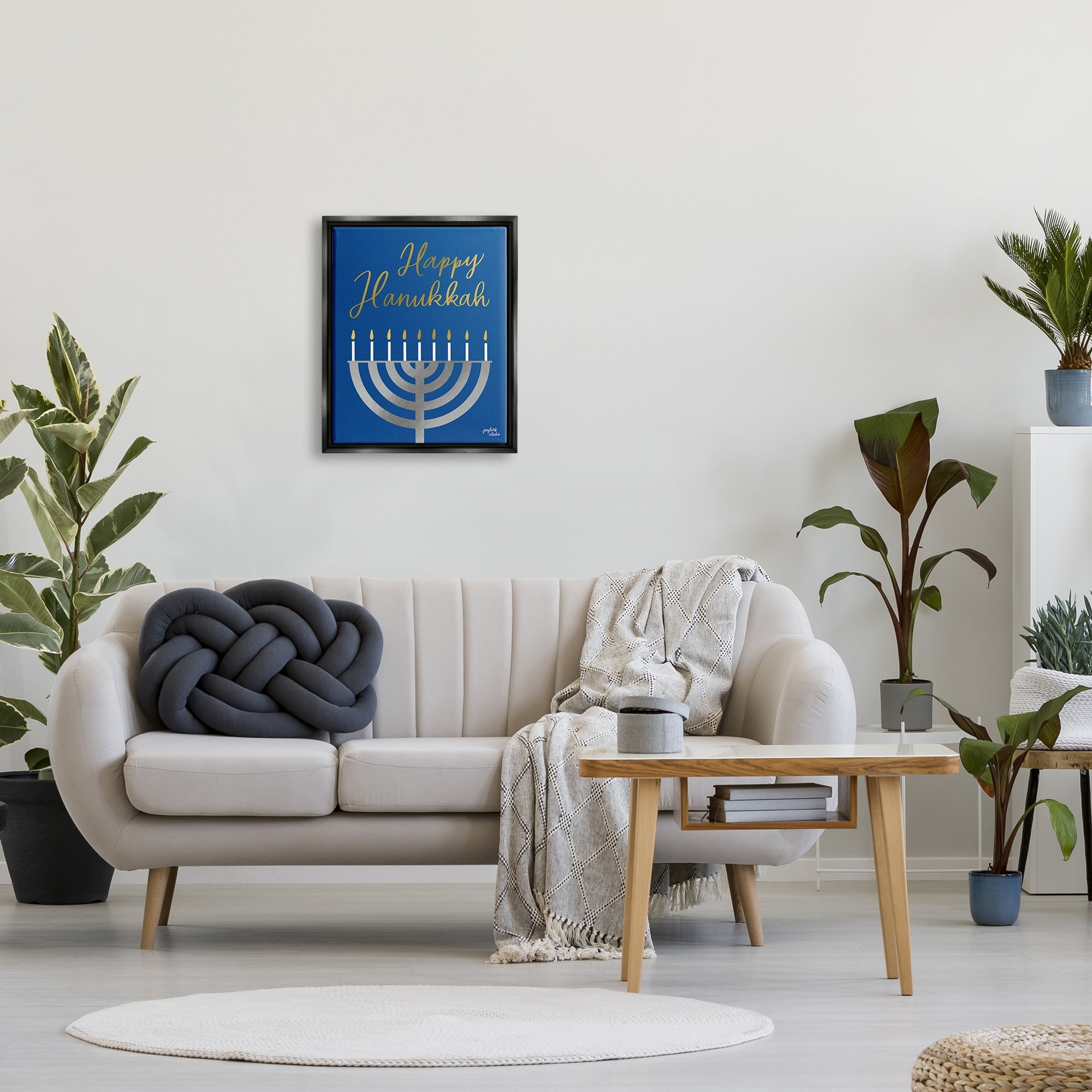 Stupell Industries Happy Hanukkah Calligraphy Radiant Lit Candles Menorah Graphic Art Luster Gray Floating Framed Canvas Print Wall Art, Design by Jess Baskin