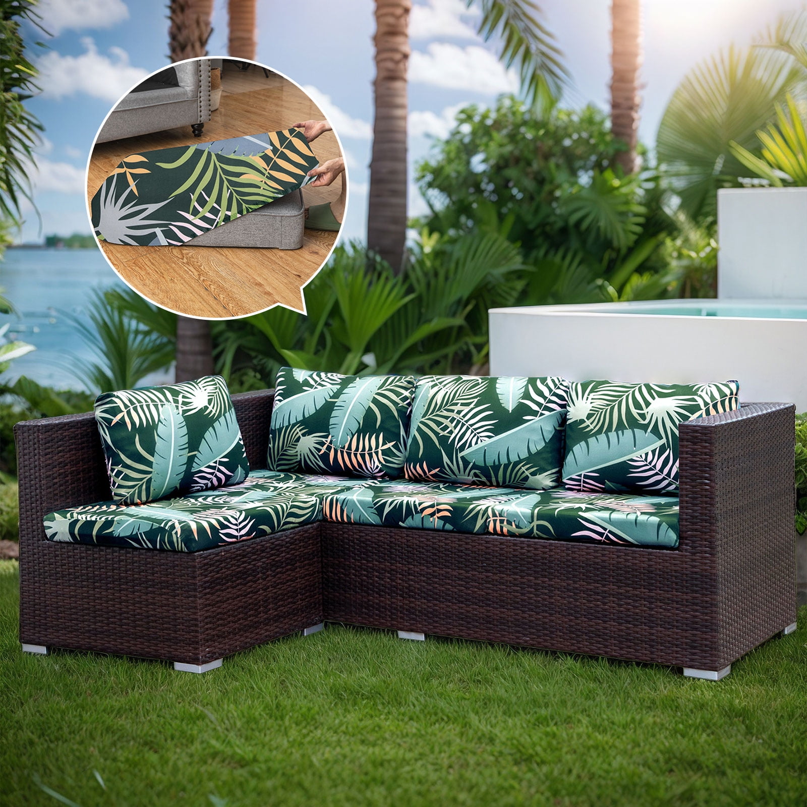 SHANNA 6 Pack Printed Patio Stretch Sofa Cushion Covers, Floral Pattern Outdoor Sofa Cushion Covers, Replacement Washable Couch Chair Cushion Covers Porch Patio Furniture Protector