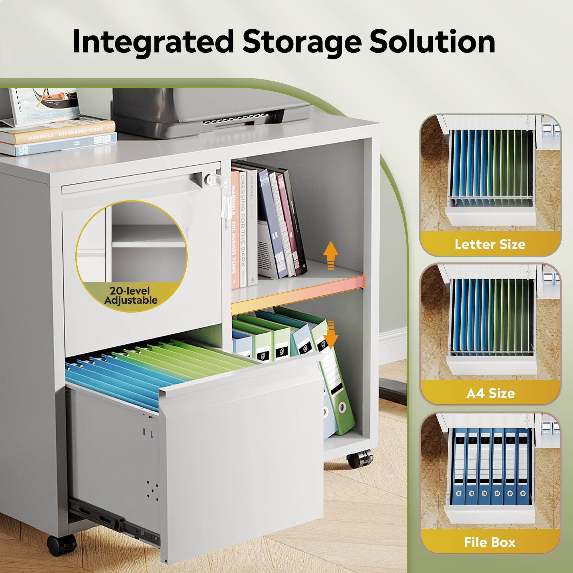 GALAXHERO 2 Drawer File Cabinet with Lock, Metal Filing Cabinet for Home Office, Rolling Printer Stand with Adjustable Shelf, Fit Letter/A4/Legal Size Files, White