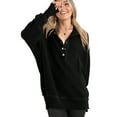 thumbnail image 3 of Women'S Oversized Long Sleeve Hoodie Button-Down V-Neck Sweatshirt Side Slit Casual Pullover Top Black S, 3 of 9