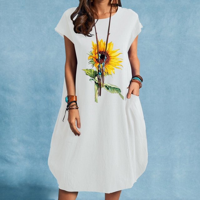 Qiopertar Robe Unie à Manches Courtes Col Rond Robe Imprimée avec Poches Robe Midi Grandes Économies de Vacances! Moins de 5$ jusqu'à 90 % de Réduction
