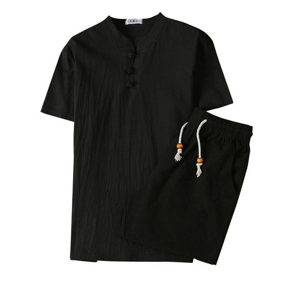 BXINGOHAI Men's Linen Sets 2 Piece Outfits Short Sleeve Henley Shirts and Shorts Summer Beach Yoga Pants Set Black,5XL