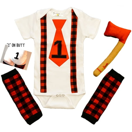 1st Birthday Boy Outfit First Cake Smash Set Lumberjack Onesie Plaid Red Black Leg Warmer & Axe Outfit 12-18 months